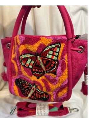 America & Beyond Vibrant Pink Butterfly Embroidered Mini Tote